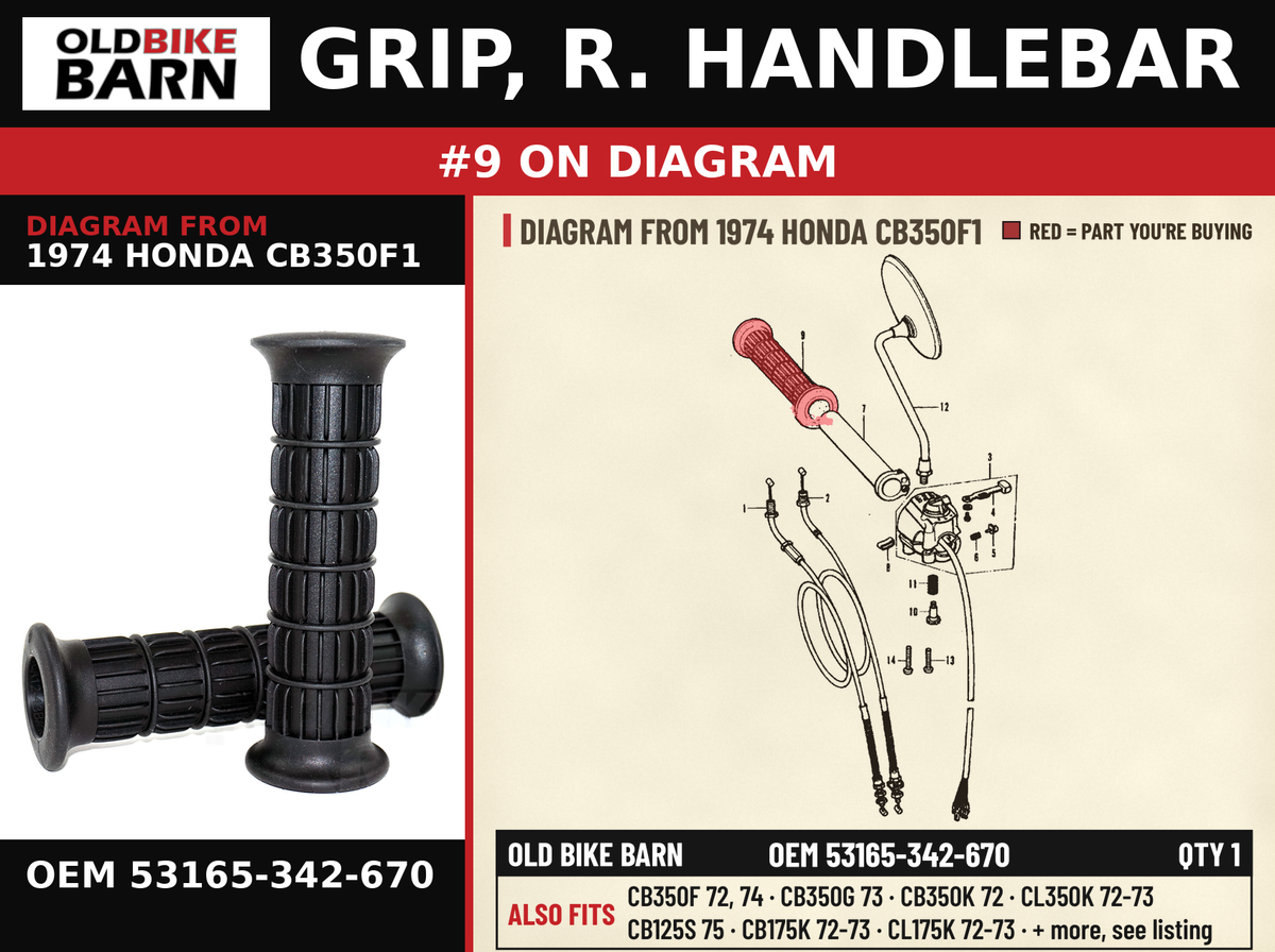 GRIP, R. HANDLEBAR OEM 53165-342-670 diagram #9 from 1974 HONDA CB350F1 | Old Bike Barn