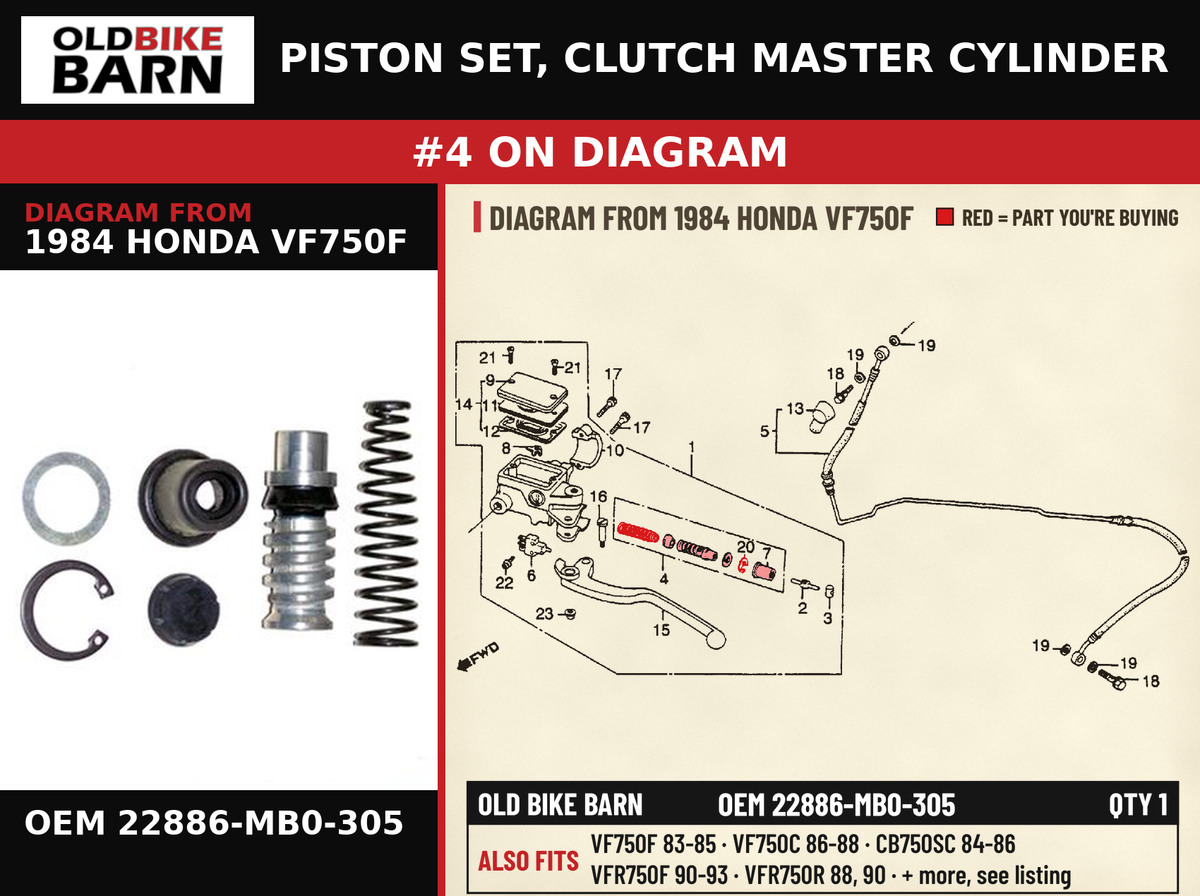 PISTON SET, CLUTCH MASTER CYLINDER OEM 22886-MB0-305 diagram #4 from 1984 HONDA VF750F | Old Bike Barn