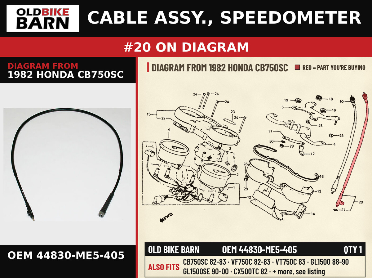 CABLE ASSY., SPEEDOMETER OEM 44830-ME5-405 diagram #20 from 1982 HONDA CB750SC | Old Bike Barn