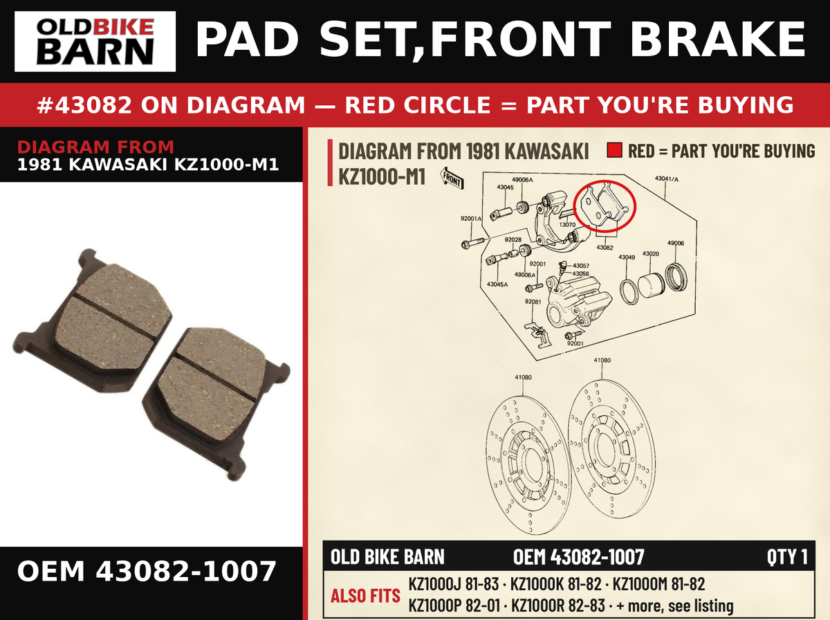 PAD SET,FRONT BRAKE OEM 43082-1007 diagram #43082 from 1981 KAWASAKI KZ1000-M1 | Old Bike Barn