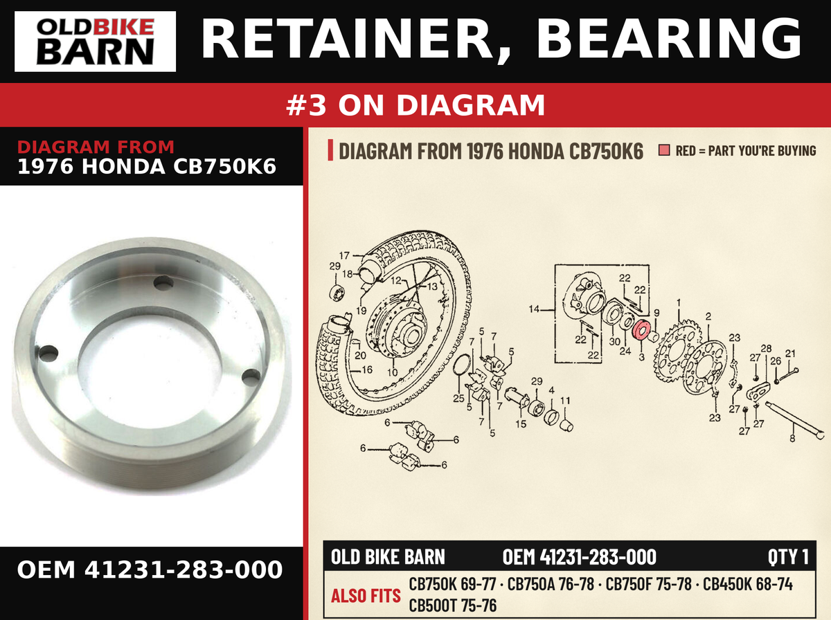 RETAINER, BEARING OEM 41231-283-000 diagram #3 from 1976 HONDA CB750K6 | Old Bike Barn