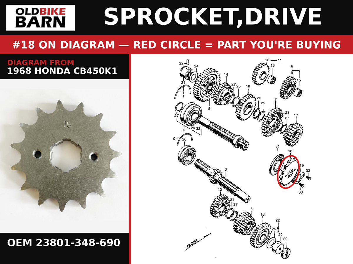 SPROCKET,DRIVE OEM 23801-348-690 diagram #18 from 1968 HONDA CB450K1 | Old Bike Barn