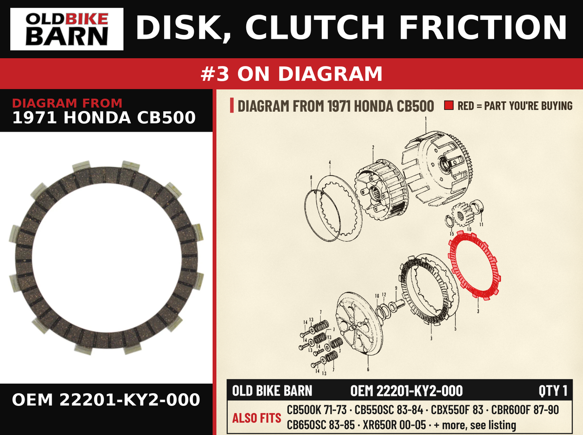 DISK, CLUTCH FRICTION OEM 22201-KY2-000 diagram #3 from 1971 HONDA CB500 | Old Bike Barn