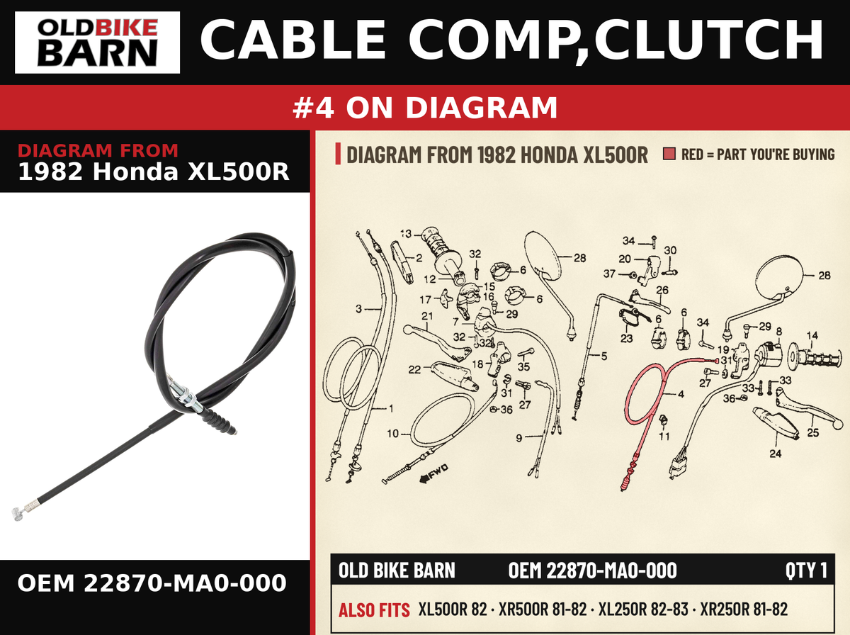 CABLE COMP,CLUTCH OEM 22870-MA0-000 diagram #4 from 1982 HONDA XL500R | Old Bike Barn