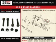 HANDLEBAR CLAMP BOLT SET (8X32 SOCKET BOLTS) OEM 90185-371-000 diagram #20 & 25 from 1975 HONDA GL1000 | Old Bike Barn