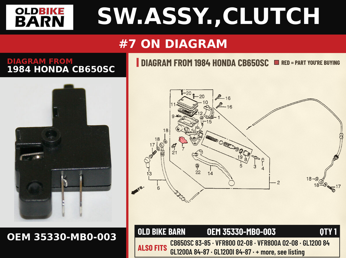 SW.ASSY.,CLUTCH OEM 35330-MB0-003 diagram #7 from 1984 HONDA CB650SC | Old Bike Barn