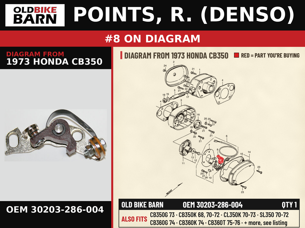 POINTS, R. (DENSO) OEM 30203-286-004 diagram #8 from 1973 HONDA CB350 | Old Bike Barn