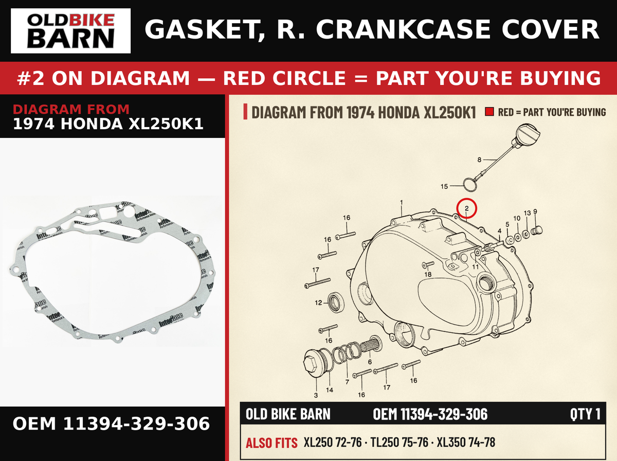 GASKET, R. CRANKCASE COVER OEM 11394-329-306 diagram #2 from 1974 HONDA XL250K1 | Old Bike Barn