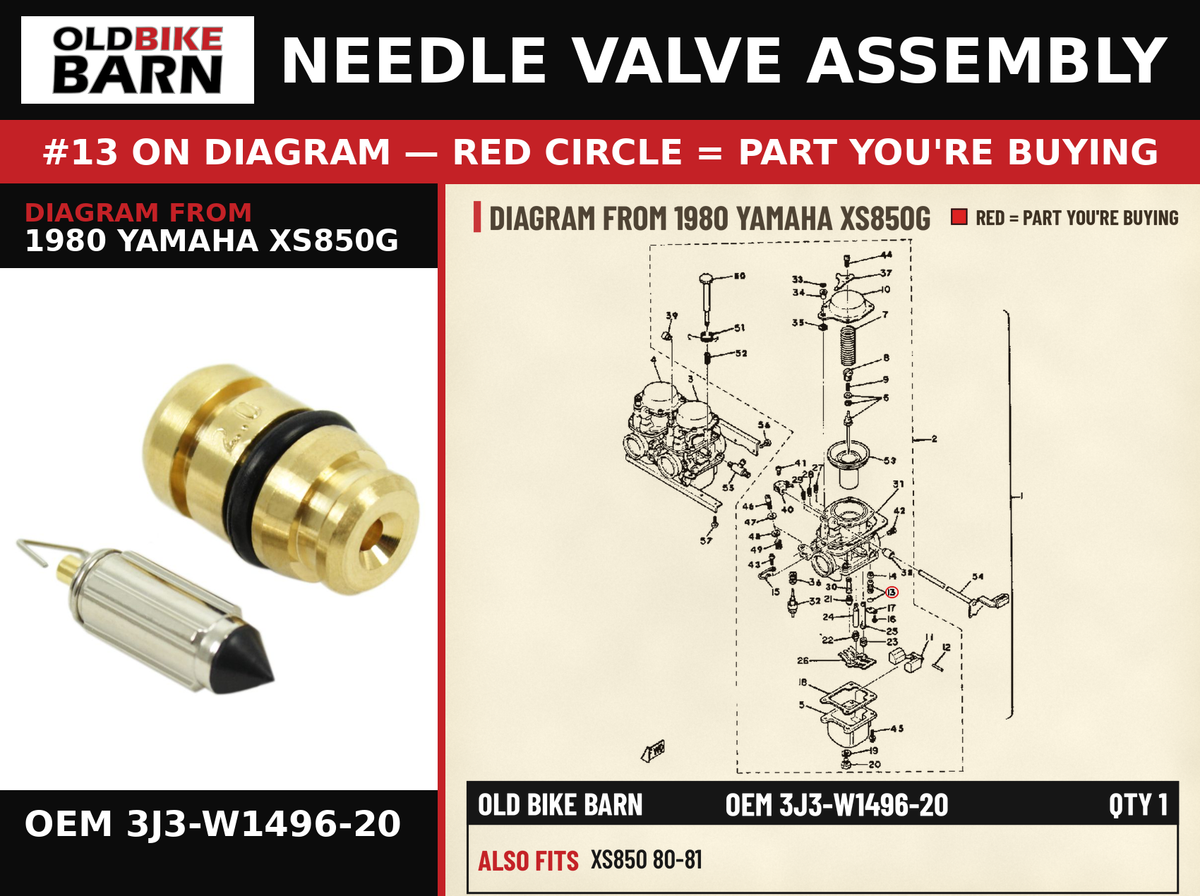 NEEDLE VALVE ASSEMBLY OEM 3J3-W1496-20 diagram #13 from 1980 YAMAHA XS850G | Old Bike Barn