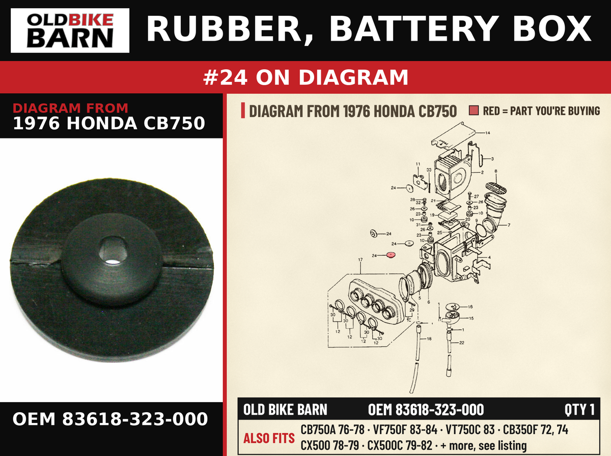 RUBBER, BATTERY BOX OEM 83618-323-000 diagram #24 from 1976 HONDA CB750 | Old Bike Barn