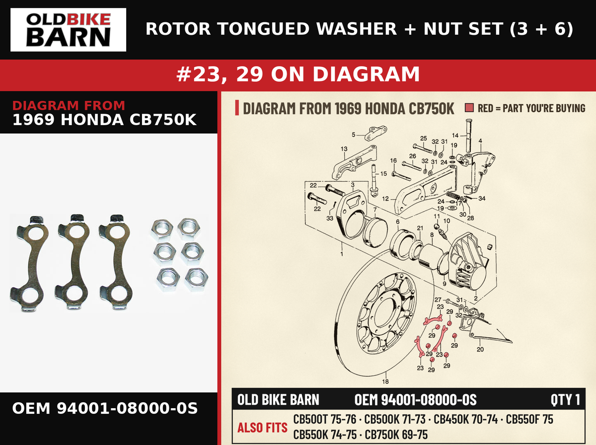 ROTOR TONGUED WASHER + NUT SET (3 + 6) OEM 94001-08000-0S diagram #23, 29 from 1969 HONDA CB750K | Old Bike Barn