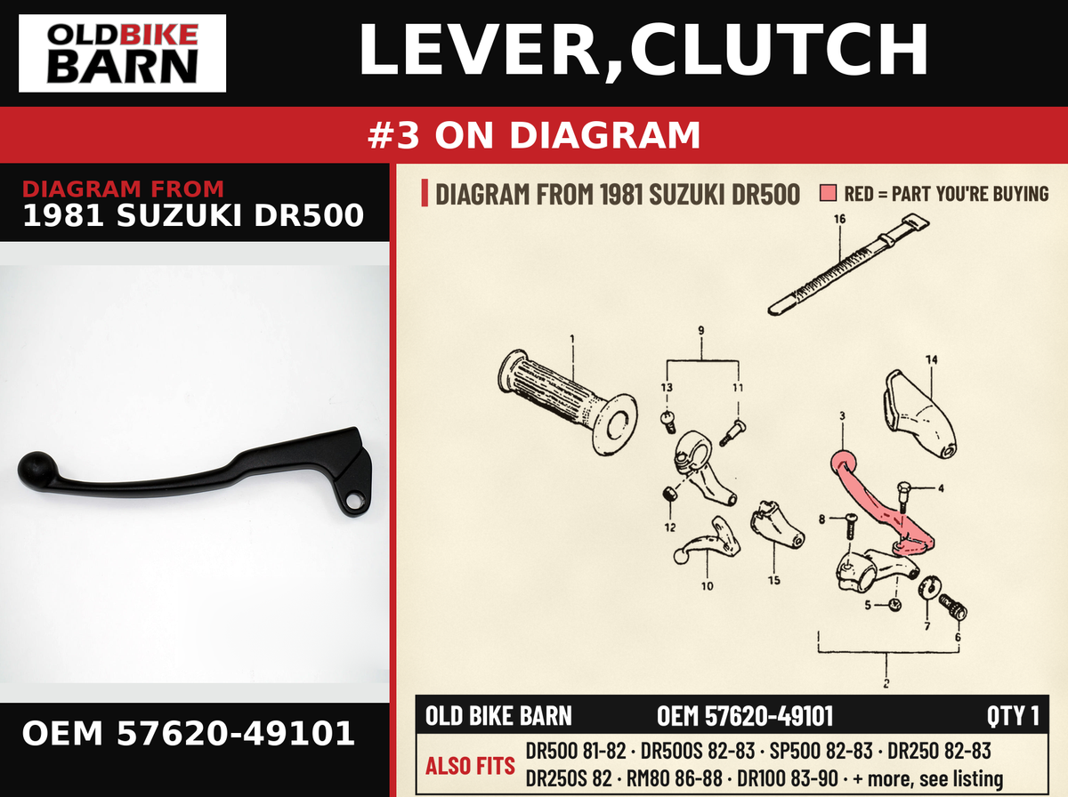 LEVER,CLUTCH OEM 57620-49101 diagram #3 from 1981 SUZUKI DR500 | Old Bike Barn