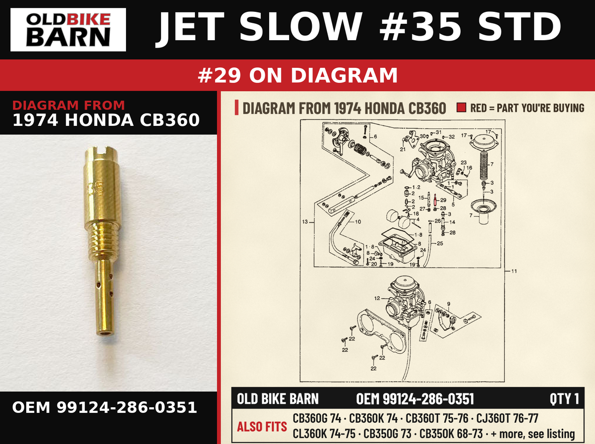 JET SLOW #35 STD OEM 99124-286-0351 diagram #29 from 1974 HONDA CB360 | Old Bike Barn