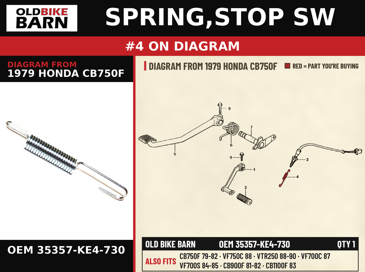 SPRING,STOP SW OEM 35357-KE4-730 diagram #4 from 1979 HONDA CB750F | Old Bike Barn