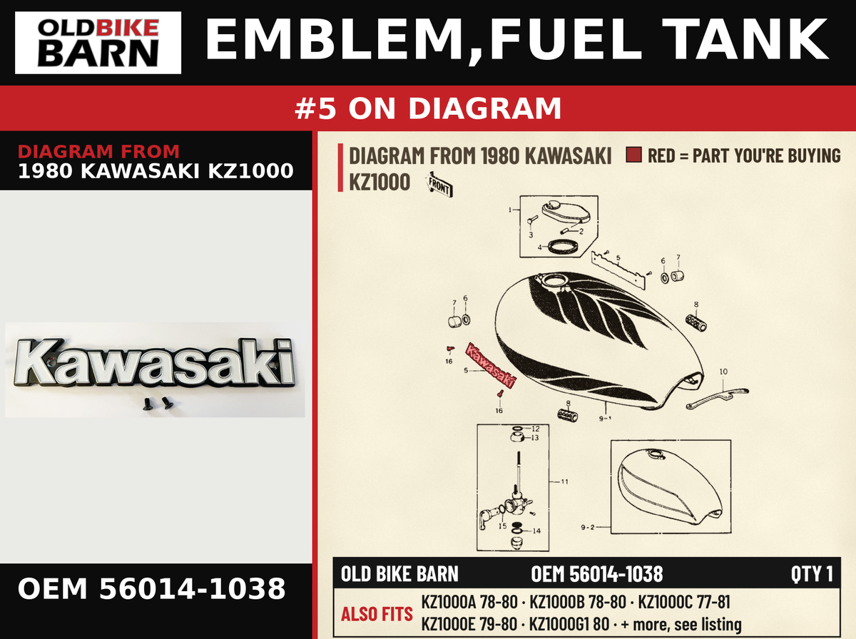 EMBLEM,FUEL TANK OEM 56014-1038 diagram #5 from 1980 KAWASAKI KZ1000 | Old Bike Barn