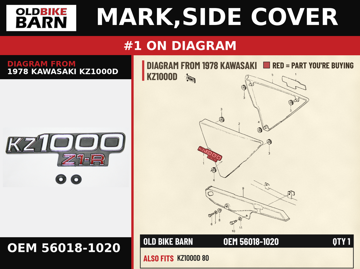 MARK,SIDE COVER OEM 56018-1020 diagram #1 from 1978 KAWASAKI KZ1000D | Old Bike Barn