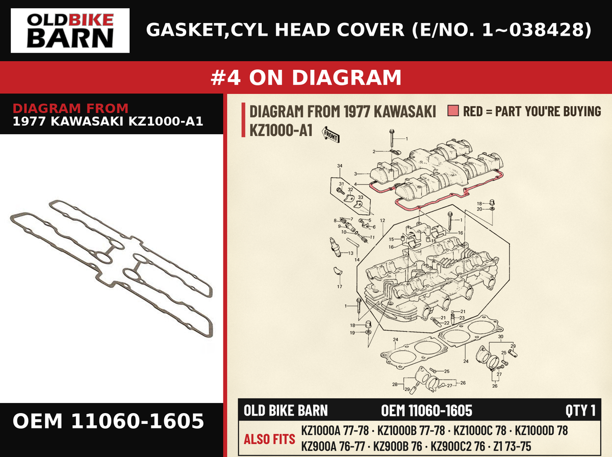 GASKET,CYL HEAD COVER (E/NO. 1~038428) OEM 11060-1605 diagram #4 from 1977 KAWASAKI KZ1000-A1 | Old Bike Barn