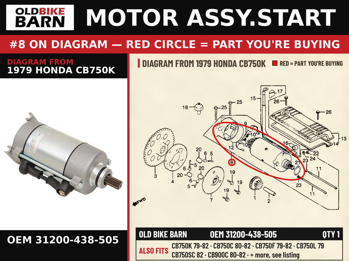 MOTOR ASSY.START OEM 31200-438-505 diagram #8 from 1979 HONDA CB750K | Old Bike Barn
