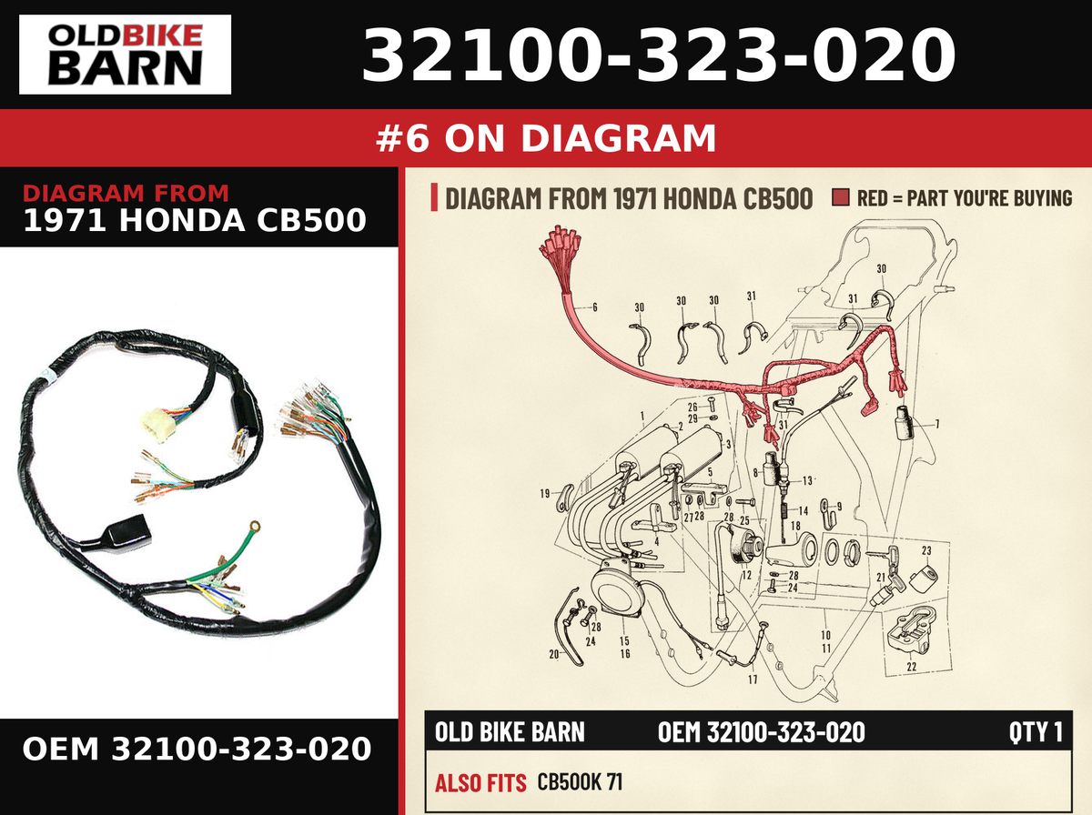 WIRE HARNESS OEM 32100-323-020 diagram #6 from 1971 HONDA CB500 | Old Bike Barn