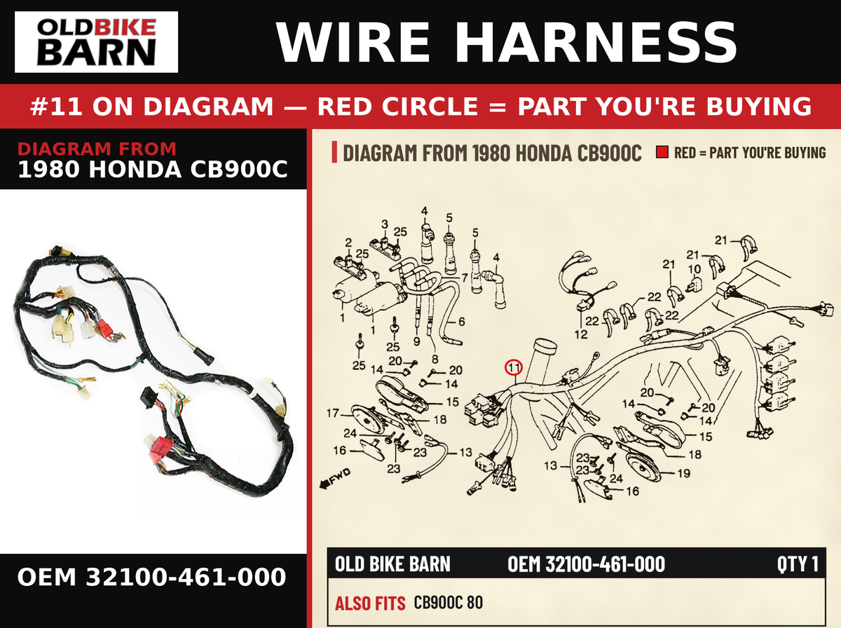 WIRE HARNESS OEM 32100-461-000 diagram #11 from 1980 HONDA CB900C | Old Bike Barn