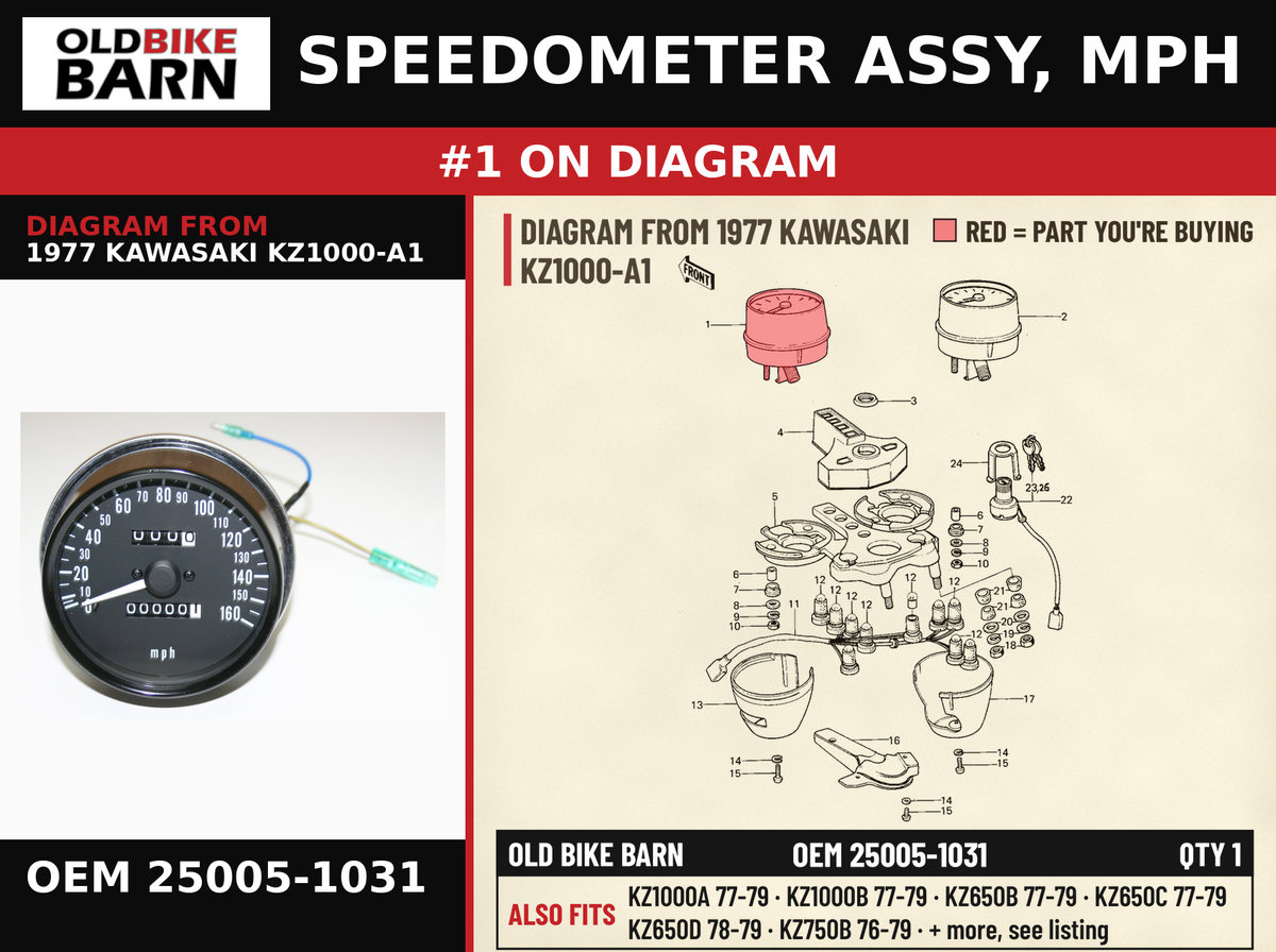 SPEEDOMETER ASSY, MPH OEM 25005-1031 diagram #1 from 1977 KAWASAKI KZ1000-A1 | Old Bike Barn