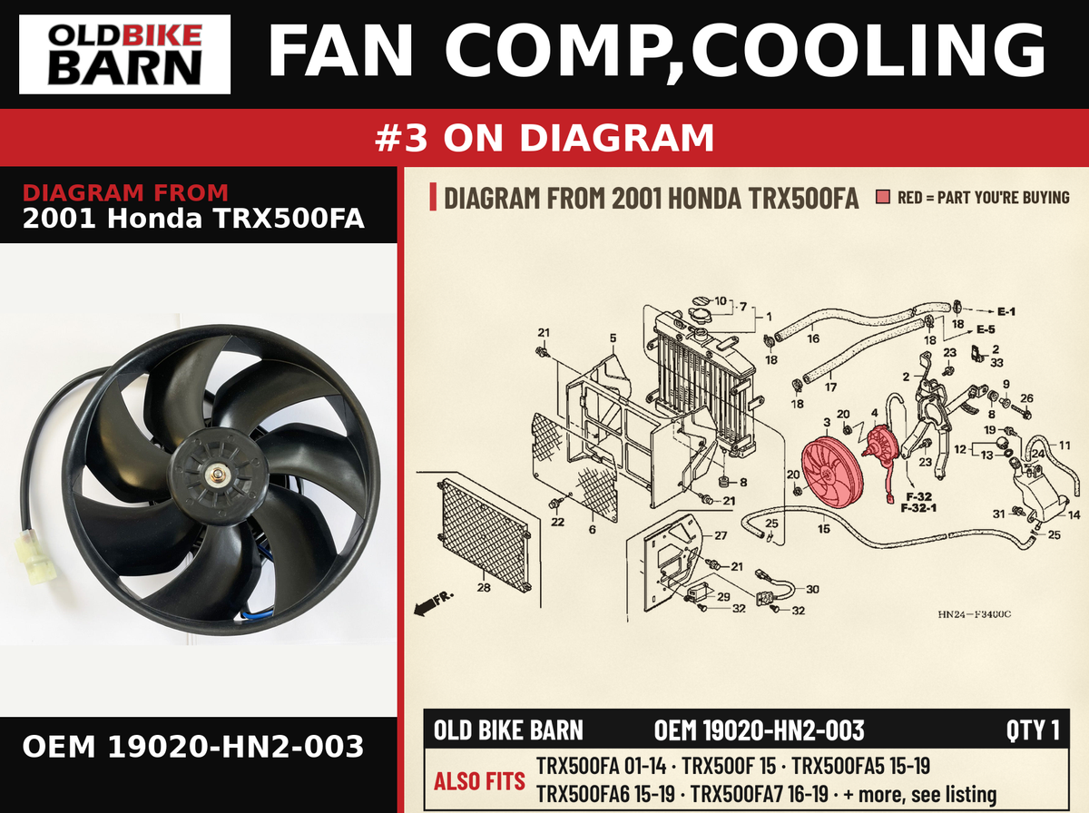 FAN COMP,COOLING OEM 19020-HN2-003 diagram #3 from 2001 HONDA TRX500FA | Old Bike Barn