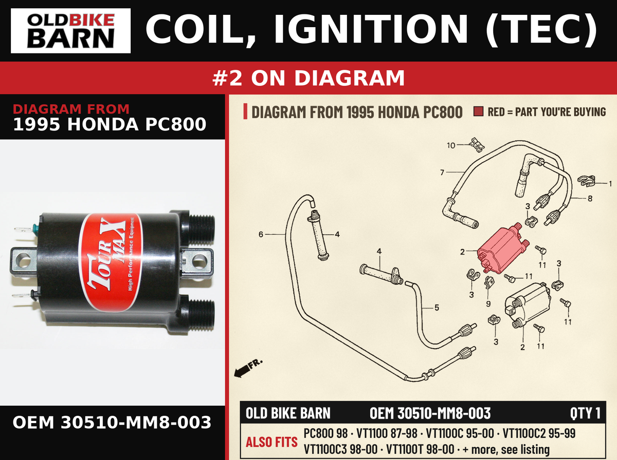 COIL, IGNITION (TEC) OEM 30510-MM8-003 diagram #2 from 1995 HONDA PC800 | Old Bike Barn