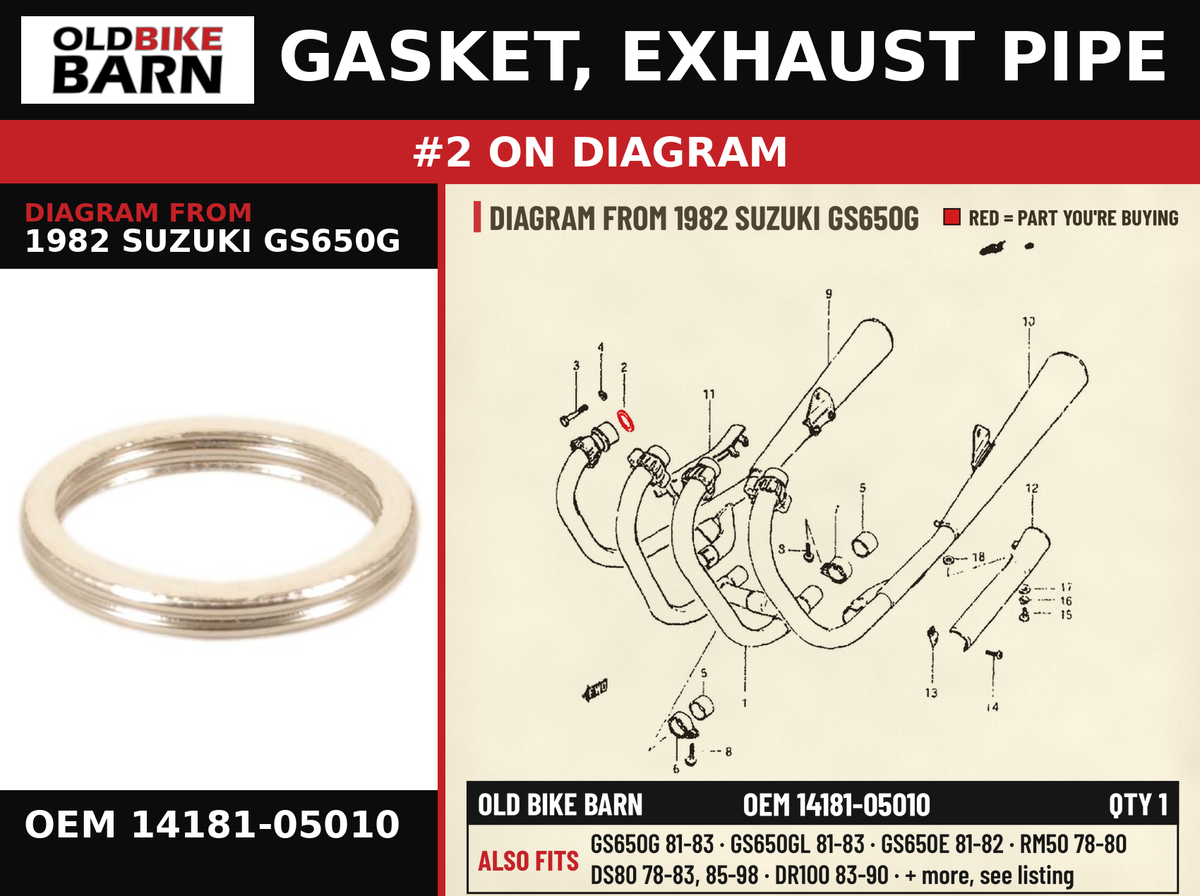 GASKET, EXHAUST PIPE OEM 14181-05010 diagram #2 from 1982 SUZUKI GS650G | Old Bike Barn