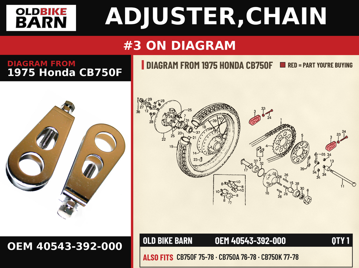 ADJUSTER,CHAIN OEM 40543-392-000 diagram #3 from 1975 HONDA CB750F | Old Bike Barn