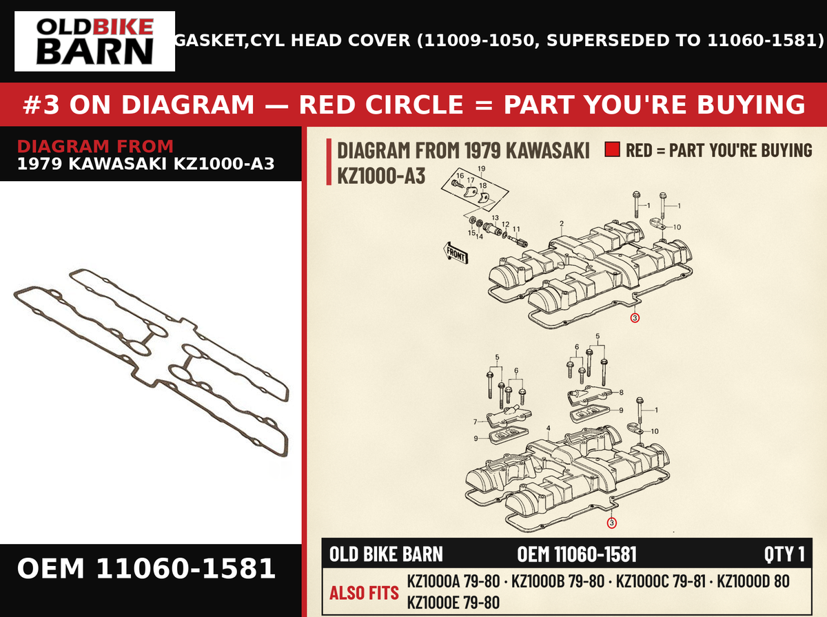GASKET,CYL HEAD COVER (11009-1050, SUPERSEDED TO 11060-1581) OEM 11060-1581 diagram #3 from 1979 KAWASAKI KZ1000-A3 | Old Bike Barn