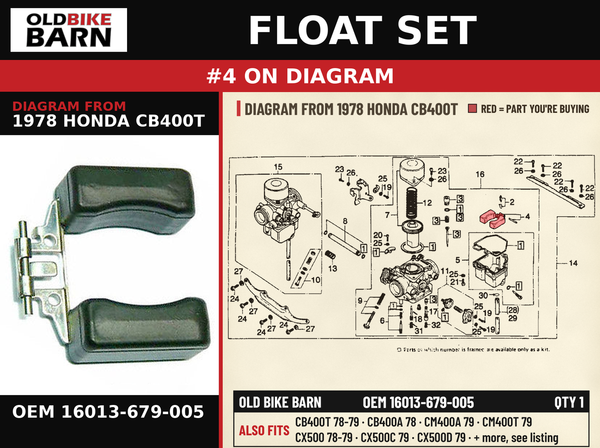 FLOAT SET OEM 16013-679-005 diagram #4 from 1978 HONDA CB400T | Old Bike Barn