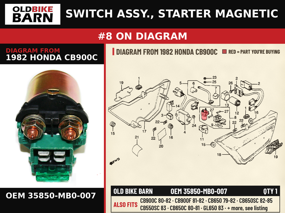 SWITCH ASSY., STARTER MAGNETIC OEM 35850-MB0-007 diagram #8 from 1982 HONDA CB900C | Old Bike Barn