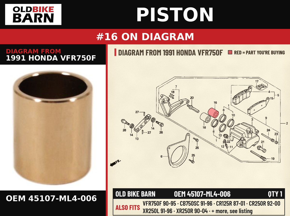 PISTON OEM 45107-ML4-006 diagram #16 from 1991 HONDA VFR750F | Old Bike Barn