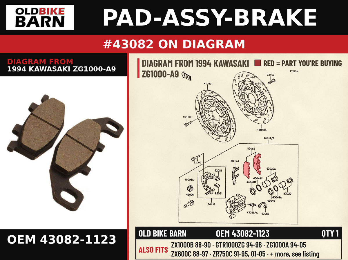 PAD-ASSY-BRAKE OEM 43082-1123 diagram #43082 from 1994 KAWASAKI ZG1000-A9 | Old Bike Barn