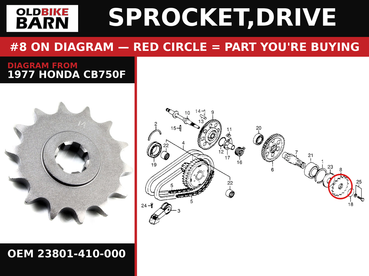 SPROCKET,DRIVE OEM 23801-410-000 diagram #8 from 1977 HONDA CB750F | Old Bike Barn