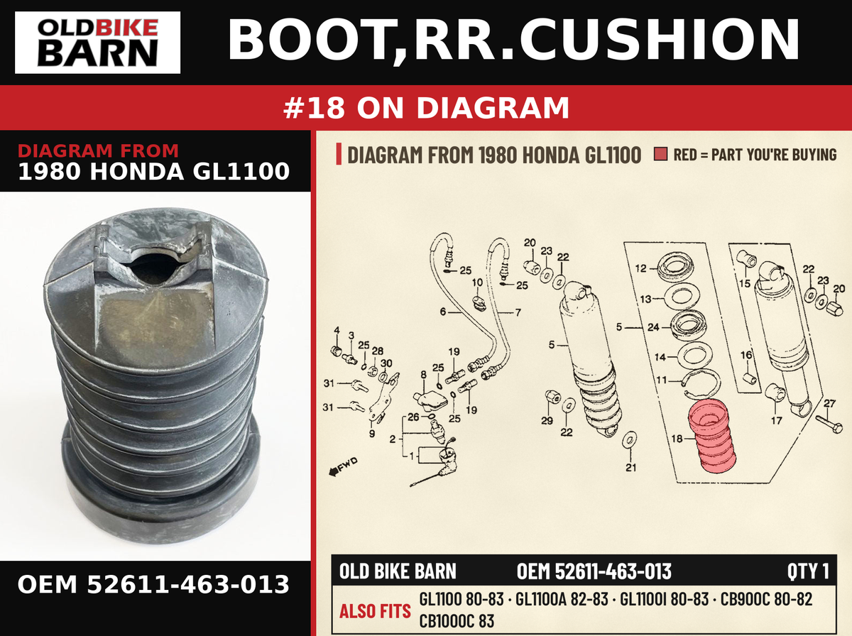BOOT,RR.CUSHION OEM 52611-463-013 diagram #18 from 1980 HONDA GL1100 | Old Bike Barn