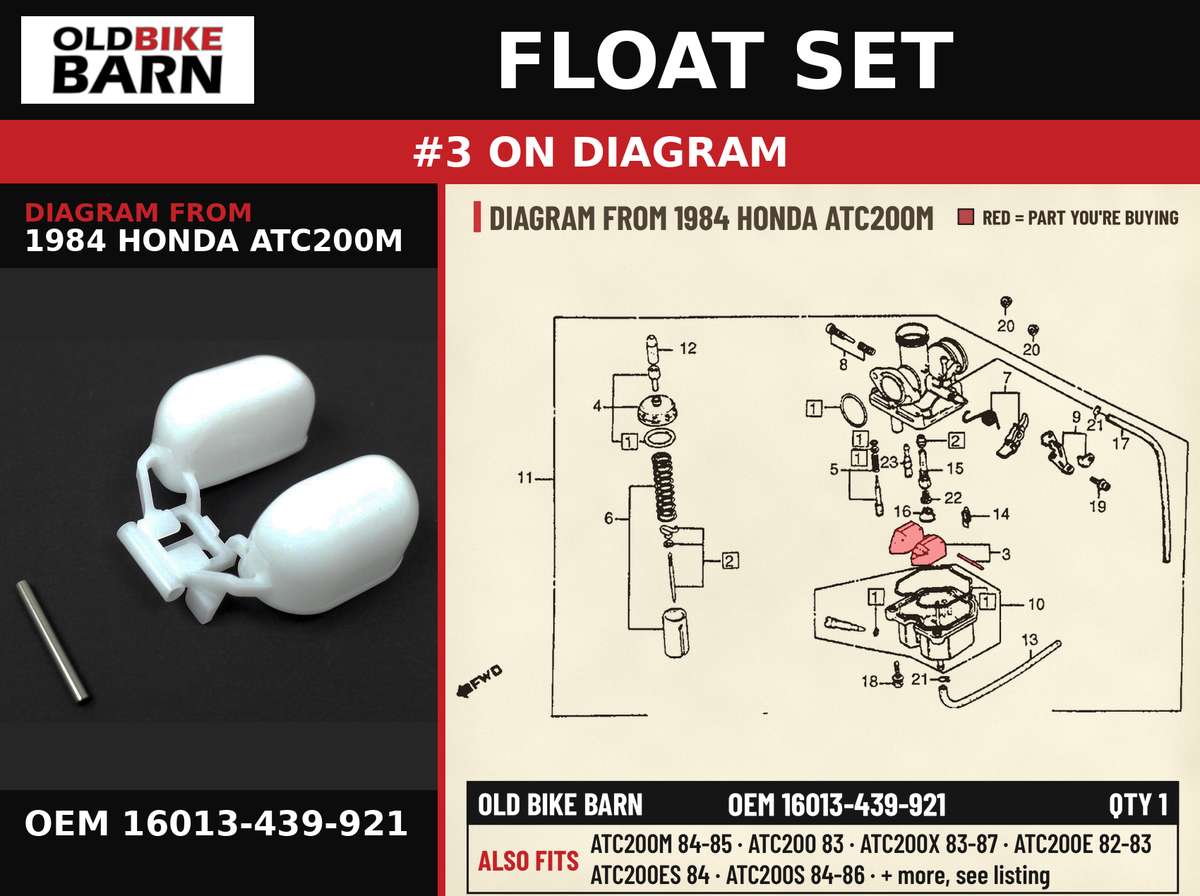 FLOAT SET OEM 16013-439-921 diagram #3 from 1984 HONDA ATC200M | Old Bike Barn