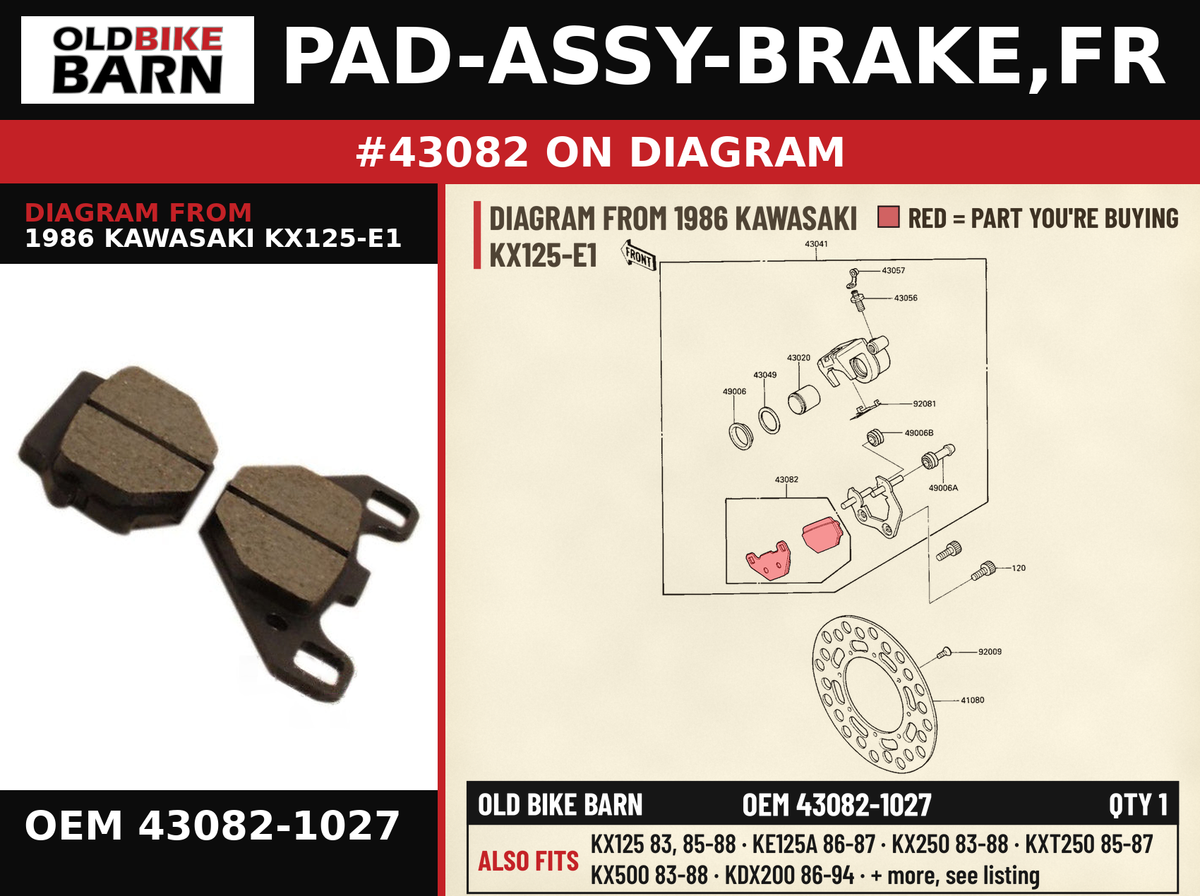 PAD-ASSY-BRAKE,FR OEM 43082-1027 diagram #43082 from 1986 KAWASAKI KX125-E1 | Old Bike Barn