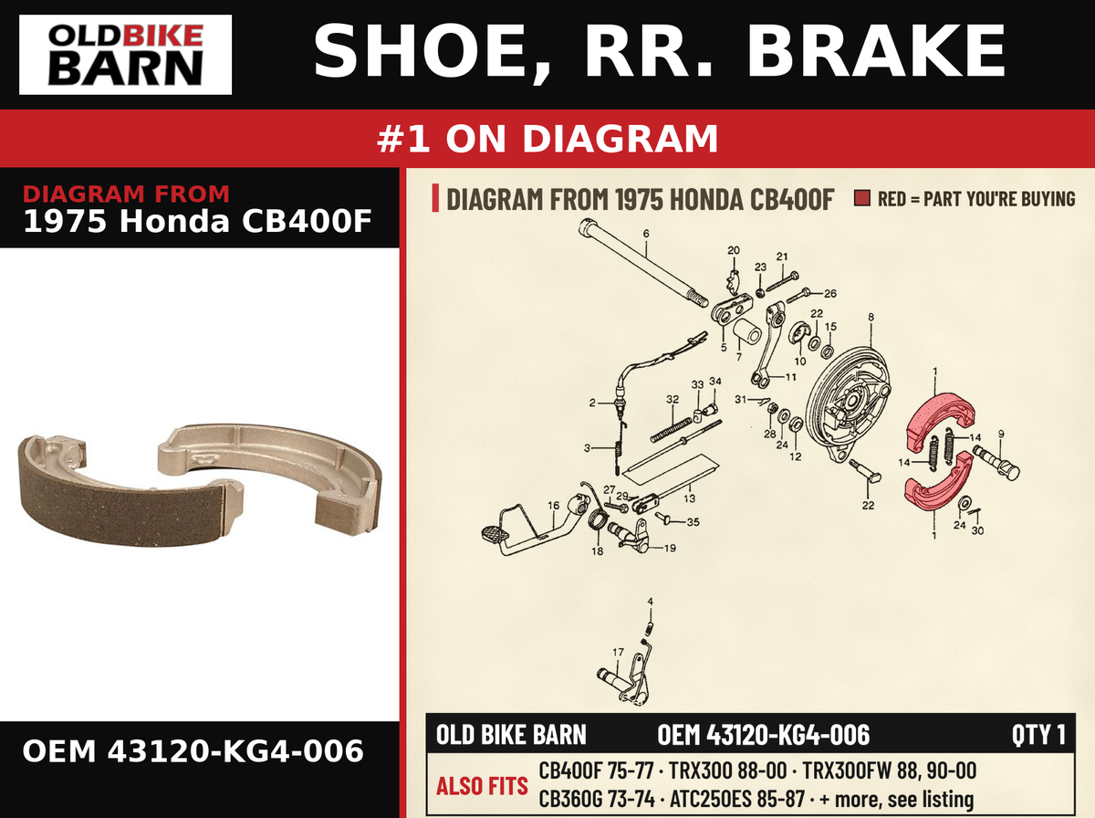 SHOE, RR. BRAKE OEM 43120-KG4-006 diagram #1 from 1975 HONDA CB400F | Old Bike Barn