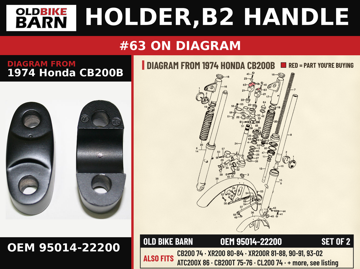 HOLDER,B2 HANDLE OEM 95014-22200 diagram #63 from 1974 HONDA CB200B | Old Bike Barn