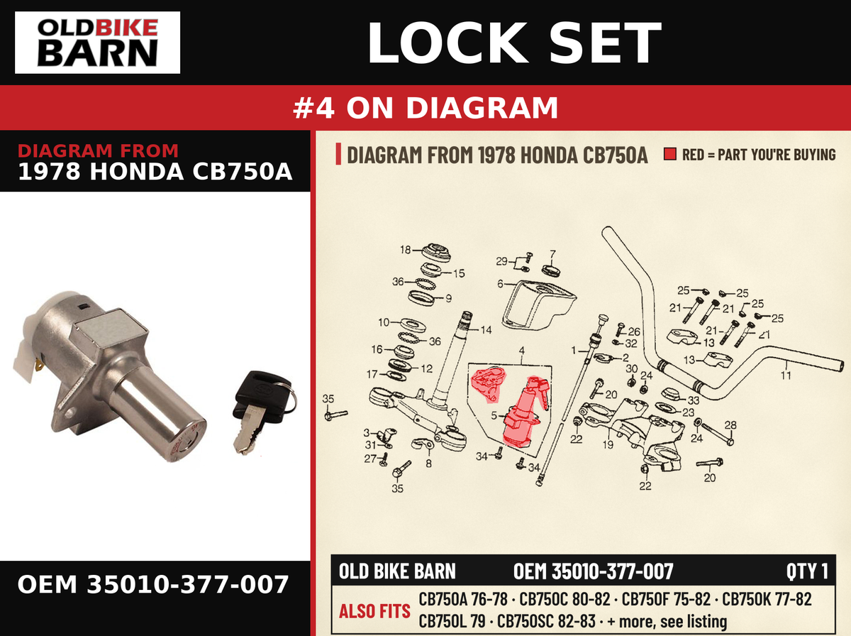 LOCK SET OEM 35010-377-007 diagram #4 from 1978 HONDA CB750A | Old Bike Barn