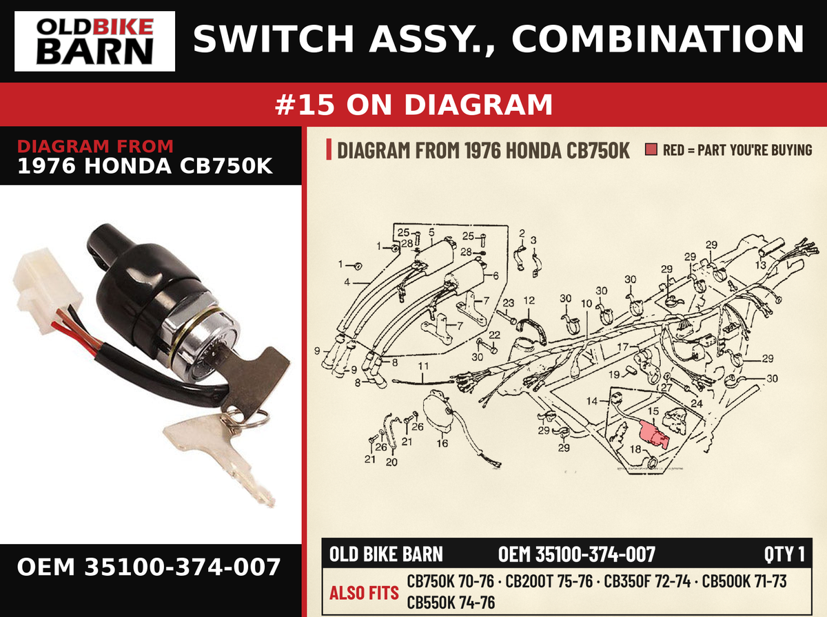 SWITCH ASSY., COMBINATION OEM 35100-374-007 diagram #15 from 1976 HONDA CB750K | Old Bike Barn