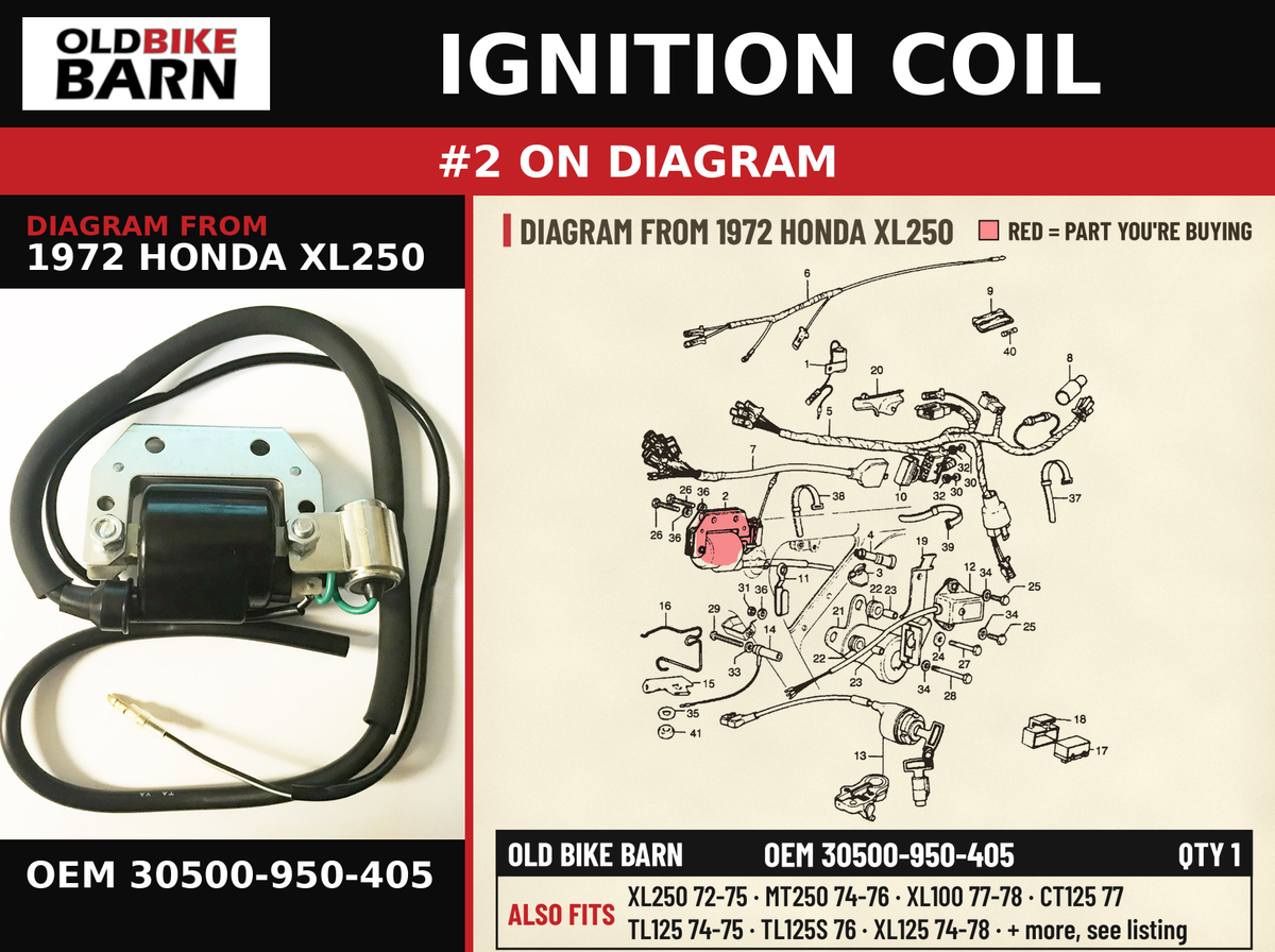 IGNITION COIL OEM 30500-950-405 diagram #2 from 1972 HONDA XL250 | Old Bike Barn