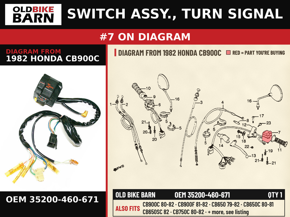 SWITCH ASSY., TURN SIGNAL OEM 35200-460-671 diagram #7 from 1982 HONDA CB900C | Old Bike Barn