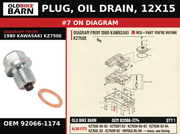 PLUG, OIL DRAIN, 12X15 OEM 92066-1174 diagram #7 from 1980 KAWASAKI KZ750E | Old Bike Barn