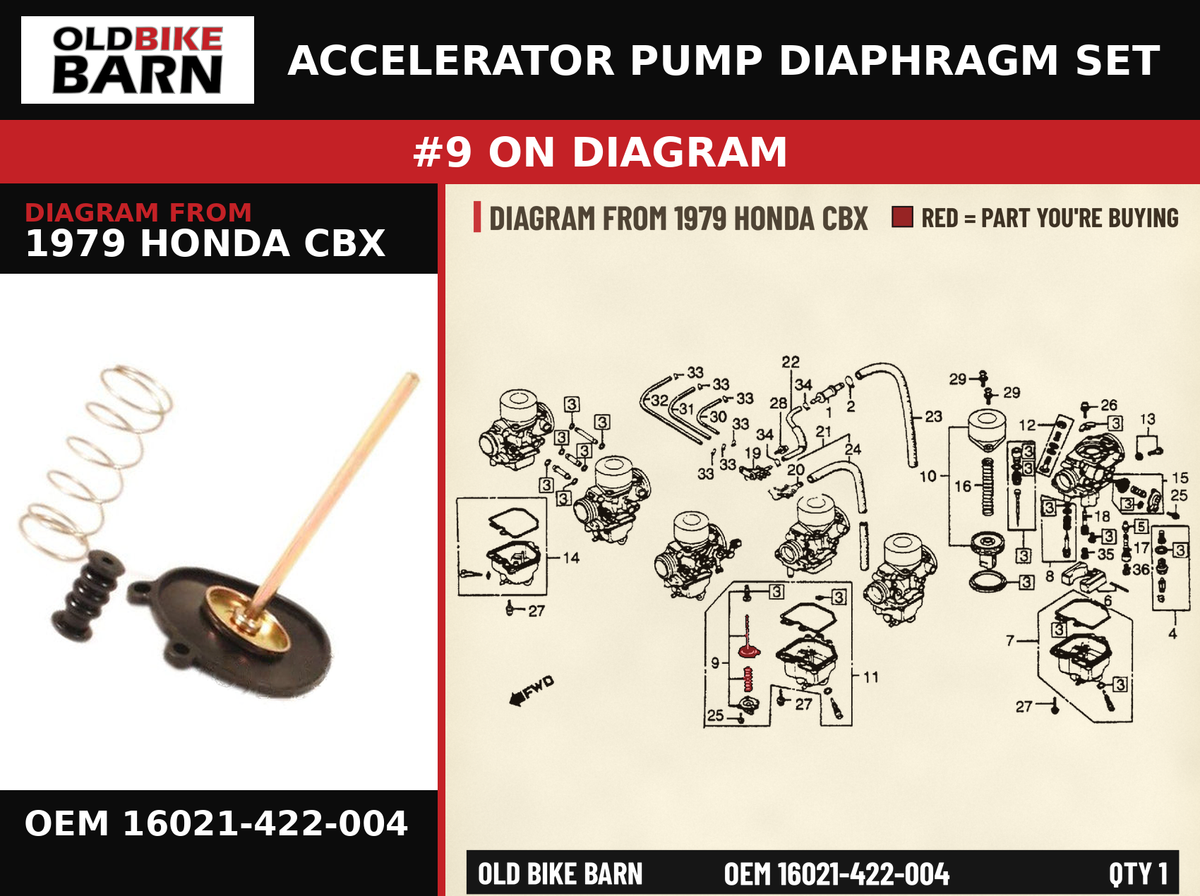 ACCELERATOR PUMP DIAPHRAGM SET OEM 16021-422-004 diagram #9 from 1979 HONDA CBX | Old Bike Barn