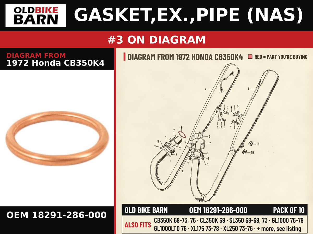 GASKET,EX.,PIPE (NAS) OEM 18291-286-000 diagram #3 from 1972 HONDA CB350K4 | Old Bike Barn