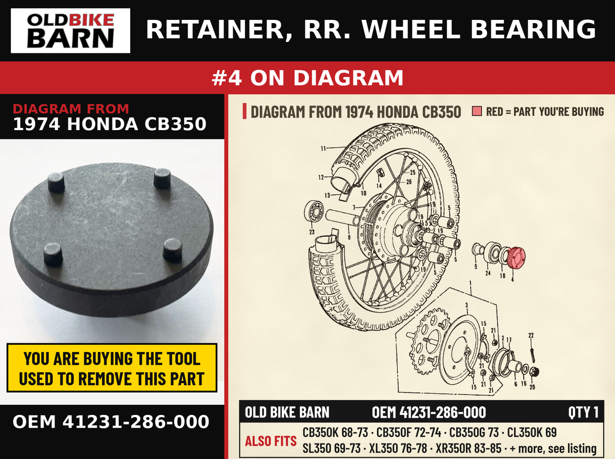 RETAINER, RR. WHEEL BEARING OEM 41231-286-000 diagram #4 from 1974 HONDA CB350 | Old Bike Barn