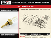 SENSOR ASSY., WATER TEMPERATURE OEM 37870-MGS-D31 diagram #9 from 2018 HONDA CB500F | Old Bike Barn