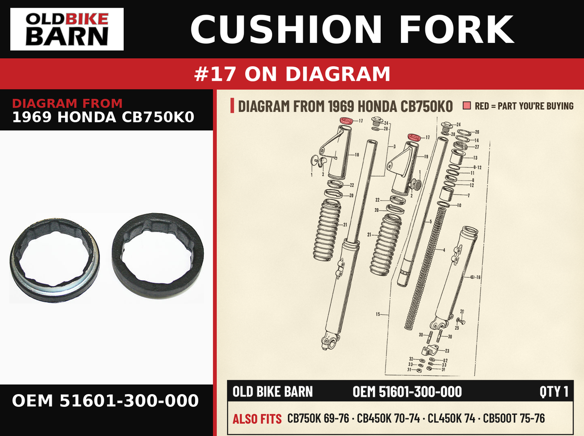 CUSHION FORK OEM 51601-300-000 diagram #17 from 1969 HONDA CB750K0 | Old Bike Barn